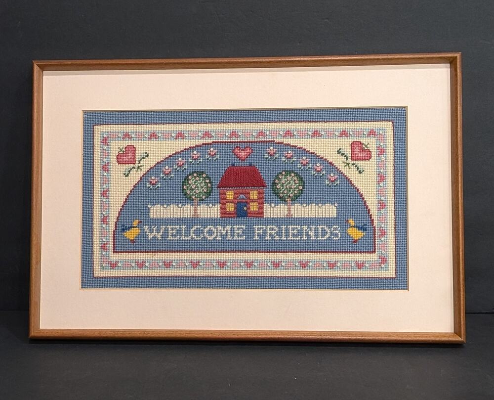 Vintage Needlepoint Wood Framed Matted Art Welcome Friends Cottagecore Kitschy